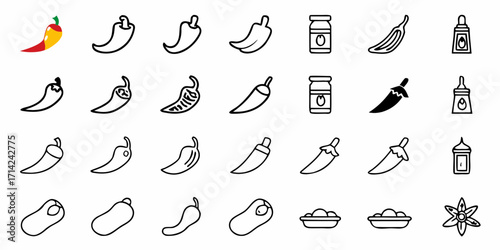 Collection of pepper and condiment icons in various styles and shapes arranged in a grid pattern