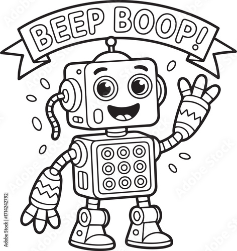 Happy cartoon robot waving hello with beep boop banner for kids coloring pages