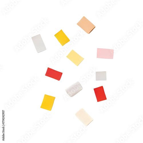 Vibrant rectangular confetti shapes falling in a festive celebration pattern. A minimalist abstract graphic design element isolated on a white background