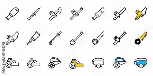 Illustration showing various tools and equipment like knives, saws, shovels, and lawnmowers in a row