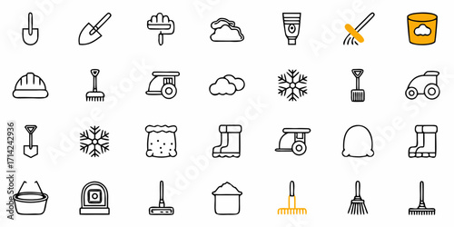 Illustration depicting various winter and gardening tools and weather related items in a grid format