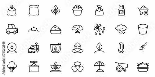 A collection of agriculture and gardening icons including tools plants and weather elements in black outline