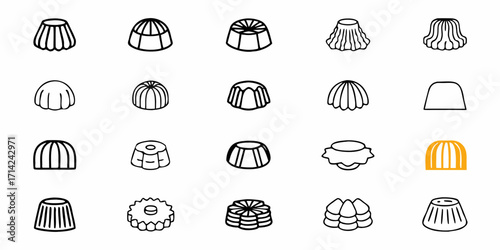 Collection of twenty pudding and gelatin dessert icons in various shapes and styles on a white background