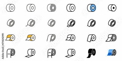 Illustration showing various styles of toilet paper rolls and tape rolls in different orientations