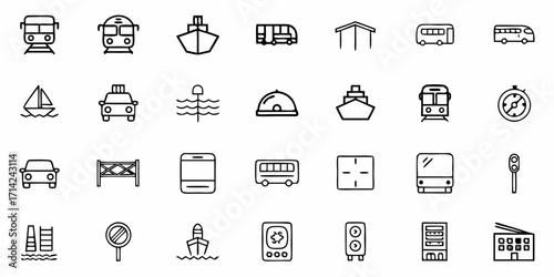 A collection of transportation and miscellaneous icons including trains boats buses and various other objects