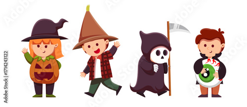  Adorable children in Halloween costumes celebrating trick or treating fun holiday with scary pumpkin, ghost, witch