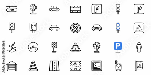 Collection of various street signs, vehicles, and a pedestrian icon displayed in a grid format