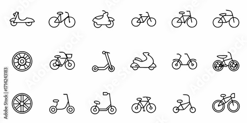Collection of various bicycles scooters and wheels displayed in a simple line art style design layout