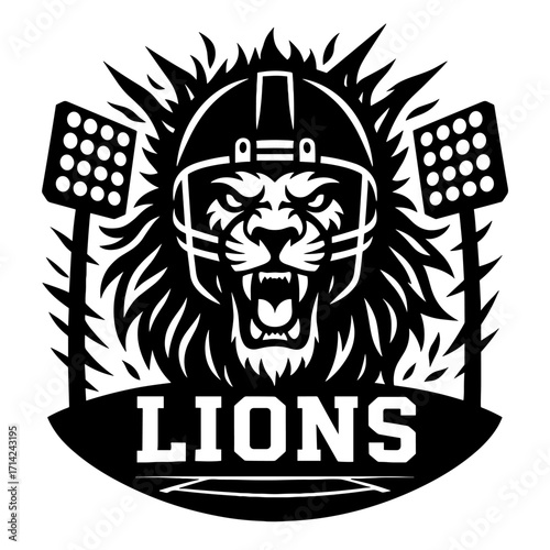 Lions football logo with roaring lion, stadium lights and microphones in black and white
