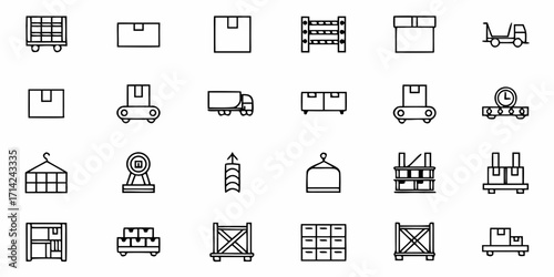 Illustration of various shipping and logistics icons including boxes trucks and conveyor belts in black outline