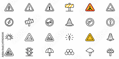 Illustration of various warning and safety signs including traffic cones and signal lights displayed neatly