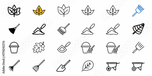 Collection of gardening tools and leaves in black outline and one colored fork icon vector art