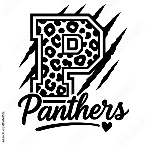 Bold letter P with panther mascot and scratch marks in black and white design
