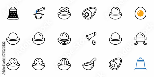 Collection of kitchen and food preparation icons featuring eggs and various cooking utensils