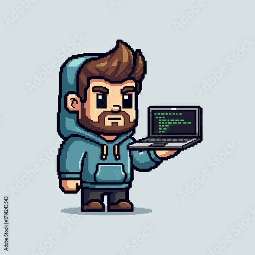 Pixel Art Coder Holding Laptop with Green Code