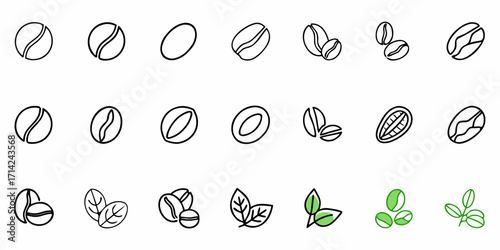 Collection of coffee bean icons showing different shapes and arrangements in a line art style design