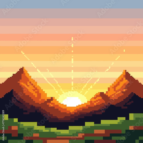 Vibrant pixel art sunrise over a mountain valley