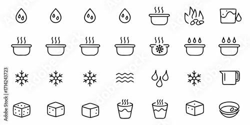 Collection of various water and temperature related icons including drops, steam, fire, and ice symbols