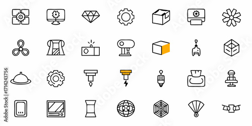 Collection of various outline icons including tools machinery and decorative objects in a grid layout