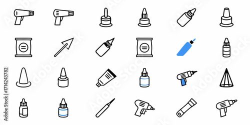 Collection of various tools and containers including hair dryers and glue bottles in a line art style