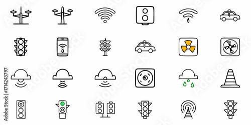 Illustration of various city elements including traffic lights and weather instruments icons design 100