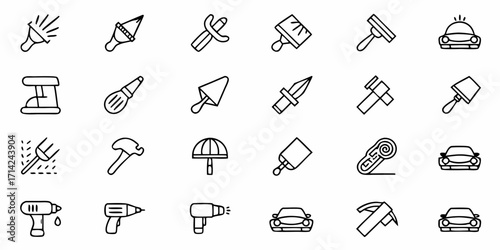 A collection of twenty outline icons depicting tools and vehicles in a simple black and white style