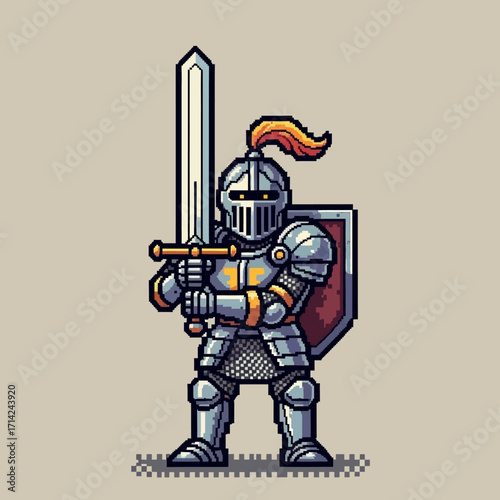 Pixelated Knight Holding a Sword and Shield