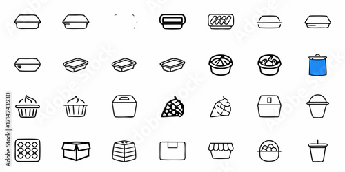 Illustration of various containers and packaging types including boxes and baskets in black and white 100