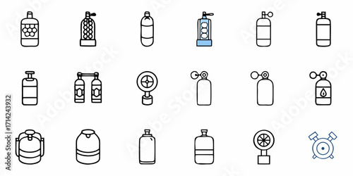 Collection of various industrial and medical gas cylinders and tanks in outline style vector illustration