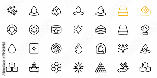 Collection of various line art icons including drops, sparkles, and geometric shapes in black and gold colors