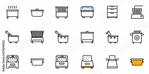 Depicts a collection of various cooking equipment and kitchen appliances in a simple line art style