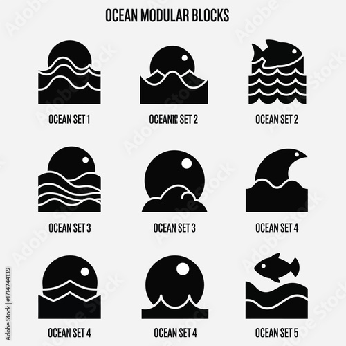Collection of stylized ocean wave and marine life icons