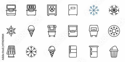 Illustration of various freezer units ice cream cones and snowflake designs in a simple line art style