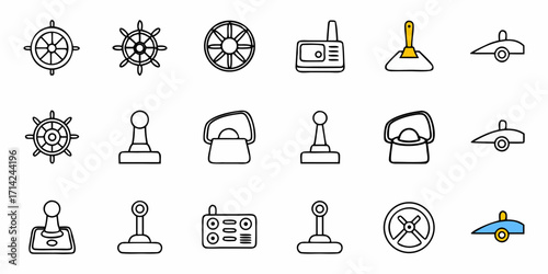 Illustration of nautical wheels game pieces radios and other objects displayed in a structured arrangement