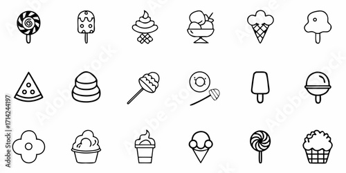 Collection of outline drawings featuring various sweets and desserts including ice cream and lollipops icons