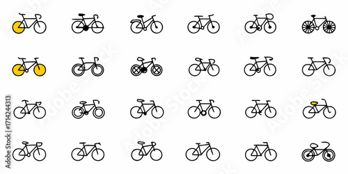 Collection of twenty one bicycle illustrations with various styles and wheel types in black outline