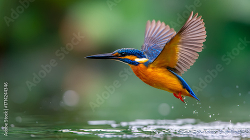 A kingfisher bird with blue and orange plumage flying just above the water surface with wings spread