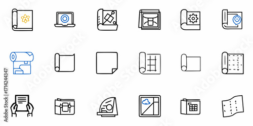 Illustration of various blueprints and design related icons including maps and drafting tools shown