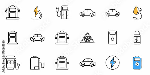 Illustration showing electric vehicle charging stations, cars, and energy related symbols and icons set