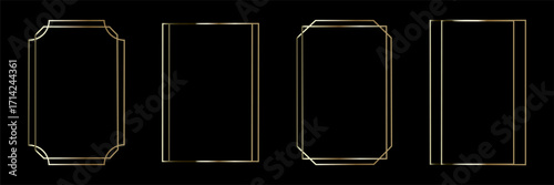 Thin golden frame set. Gold geometric border collection in art deco style. Thin linear shining rectangular shape bundle. Brass glowing shiny boarder element