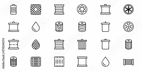 Illustration of various objects including trash cans, water drops, wheels, and containers in outline style