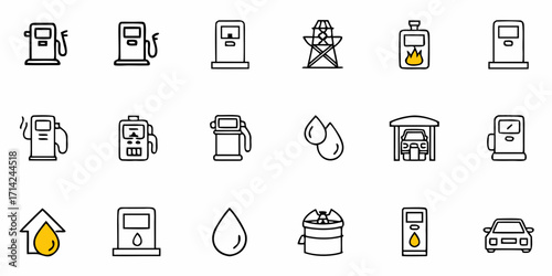Collection of gas stations power lines and car related icons in a line art style illustration