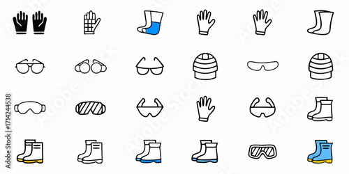 Collection of gloves goggles boots and hats icons illustrating protective safety gear and apparel items
