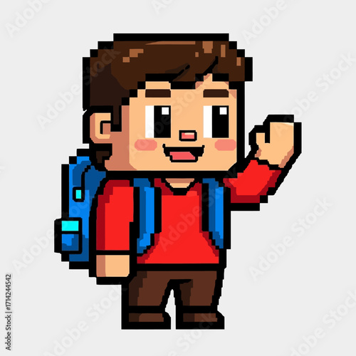 Happy Pixel Art Boy Waving Hello with Backpack