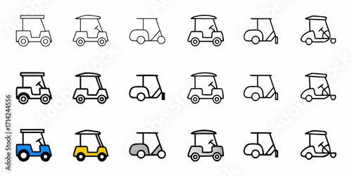 Various golf cart designs in a grid pattern showcasing different styles and line thicknesses for vehicles 100