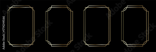 Thin golden frame set. Gold geometric border collection in art deco style. Thin linear shining rectangular shape bundle