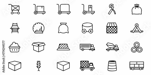 A collection of various transportation and storage icons in a simple outline style design format