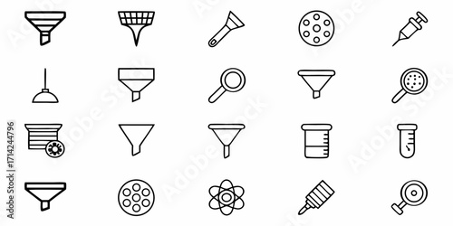 Collection of laboratory equipment icons including funnels, beakers, syringes, and magnifying glasses drawn in line