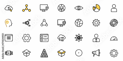 Collection of assorted business and technology icons displayed in a structured grid arrangement