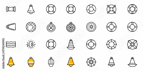 Collection of nautical themed icons including life preservers bells and steering wheels in simple line art